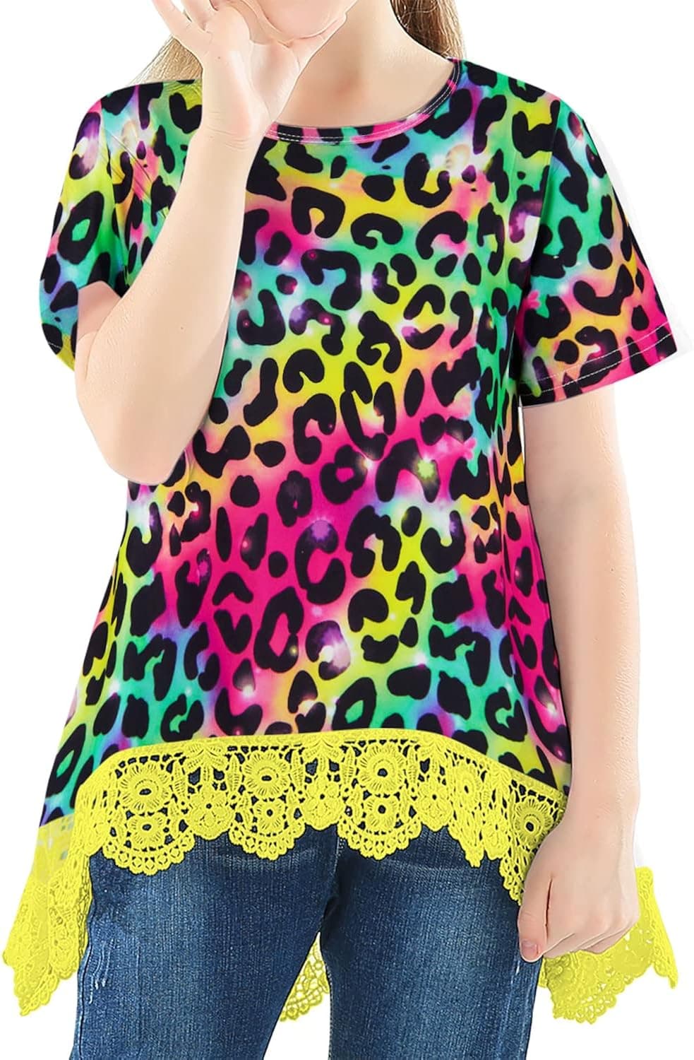 UNICOMIDEA 6-13 Years Girls Lace Shirts Casual 3D Printed High and Low Short & Long Sleeve Top Tees