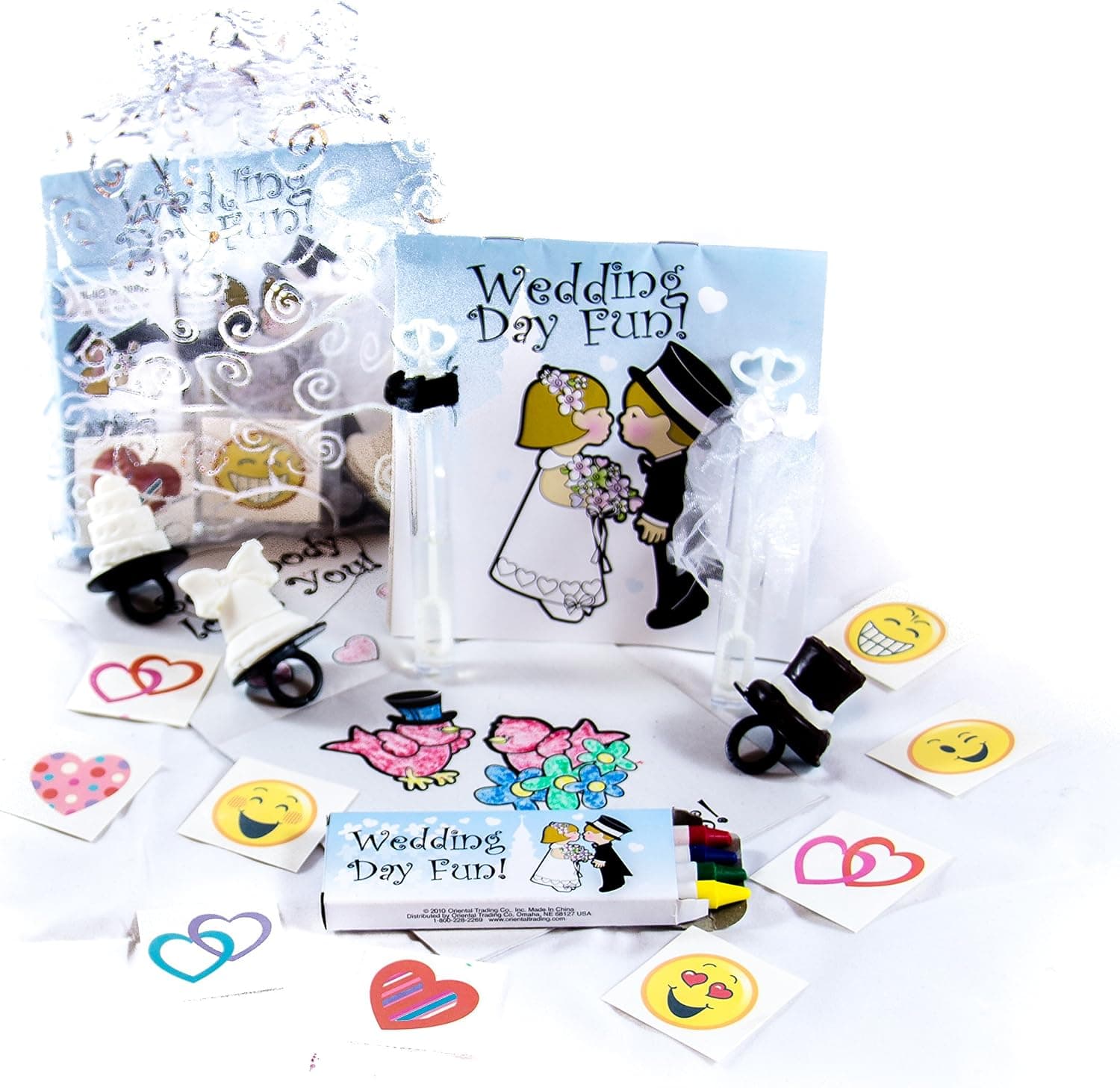 5 Pack of Children's Wedding Activity Set, Wedding Coloring Book and Crayons, Bubbles, Wedding Theme Lollipop. Fun Heart and Emoji Tattoos in an Organza Bag