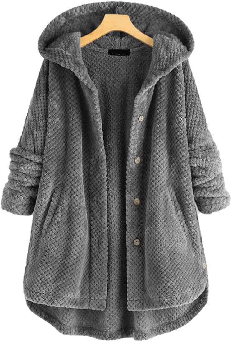 ONLYWOOD Womens Button Up Loose Fleece Jackets With Hood Plus Size Hoodies