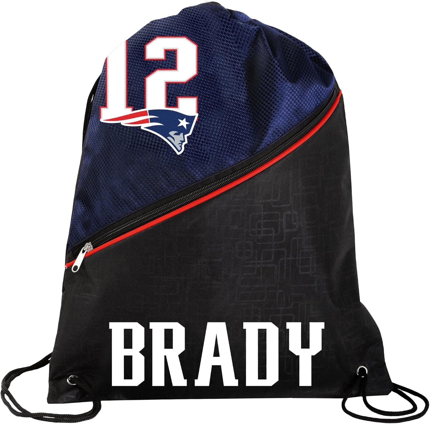 New England Patriots Official High End Diagonal Zipper Drawstring Backpack Gym Bag - Tom Brady #12
