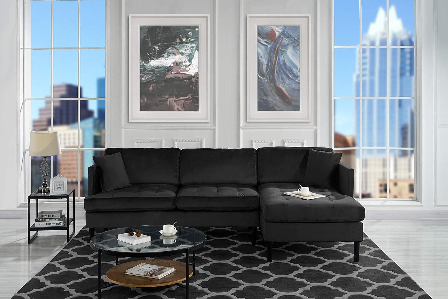 Casa Andrea Milano Mid Century Modern Tufted Velvet Sectional Sofa, L-Shape Couch (Black)