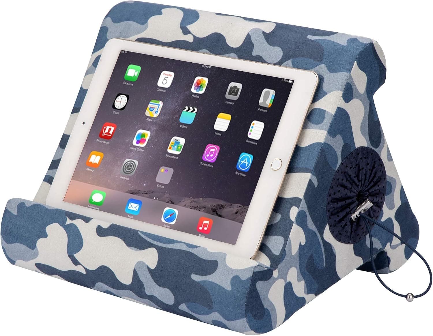 Flippy iPad Tablet Stand with Cubby Storage and Multi-Angle Viewing for Home, Work & Travel. Our iPad and Tablet Holder Has Storage for Your All Your Personal Items. (Blue Camou)