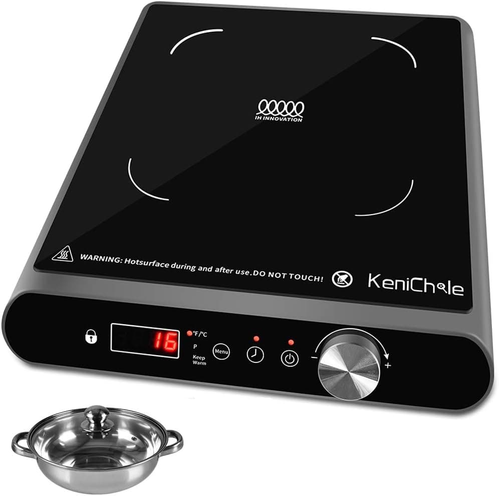 KeniChole Induction Cooktop 1800 Watts - ANTI-SKIP Cooking Surface, Portable Induction Burner with Timer, 10 Temperature, 8 Power Setting, Electric Cooktop with Stainless Steel Cookware