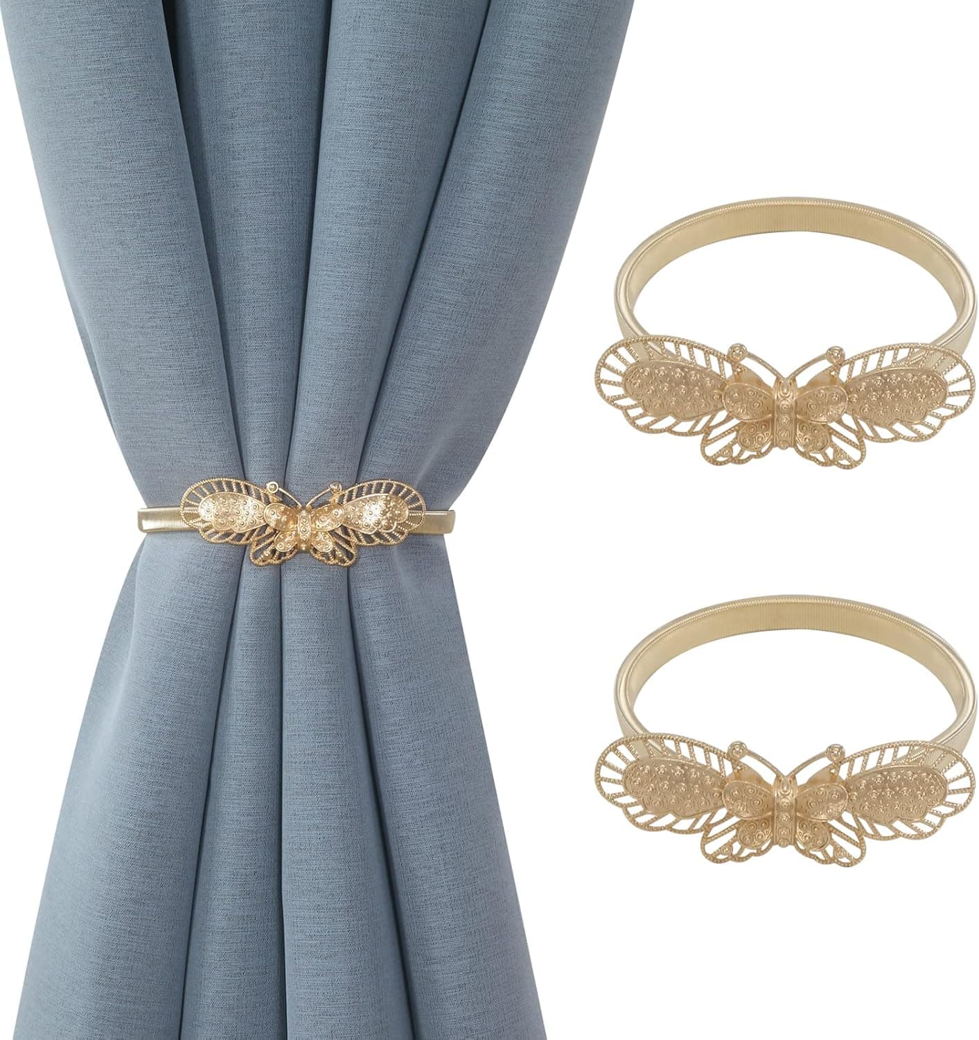 DearL%k 2Pcs Butterfly Metal Curtain Tiebacks Spring Design Decorative Drape Holdbacks for Window Drapery (Gold) ( Not Magnetic )