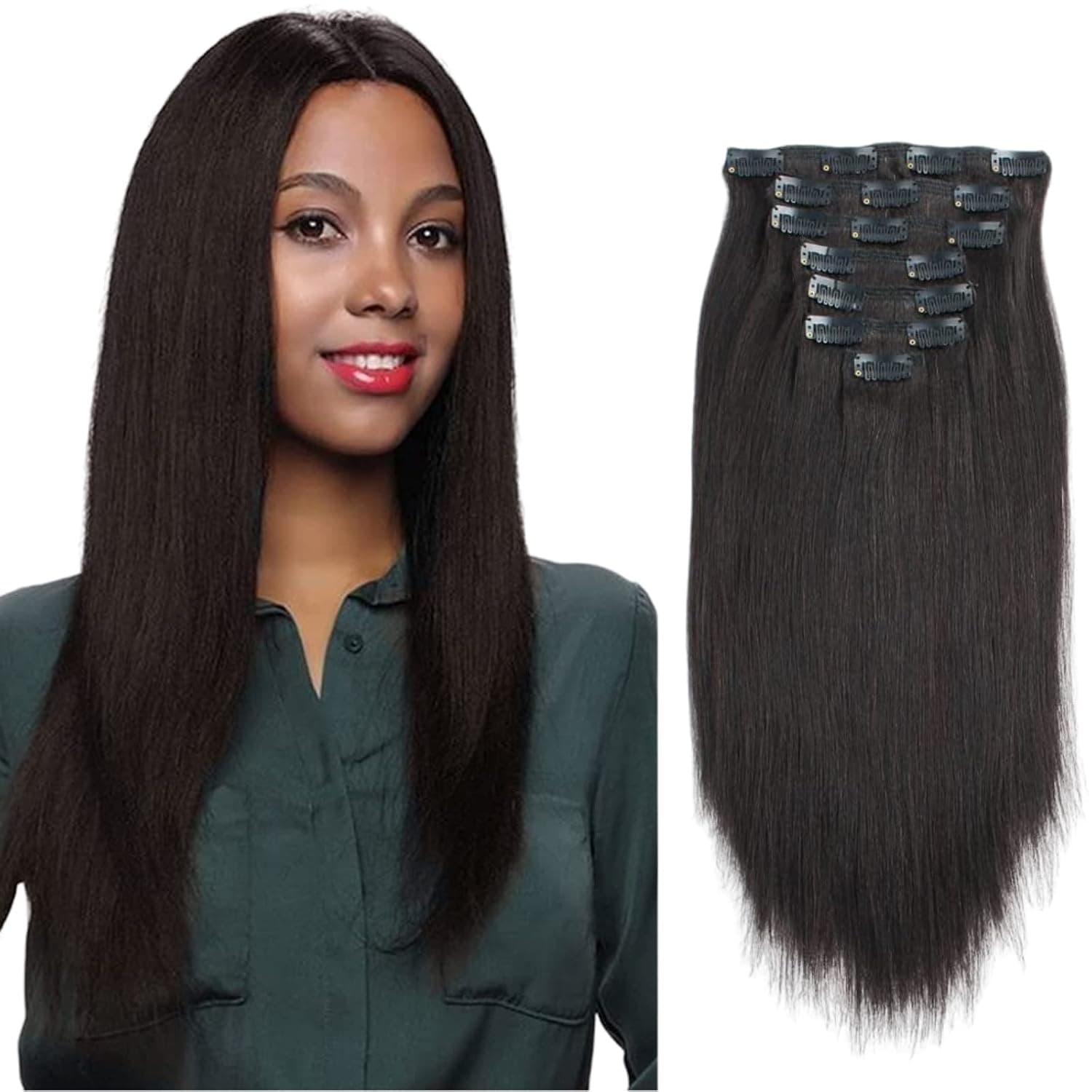 ABH AmazingBeauty Hair Yaki Clip in Hair Extensions Human Hair Real Remy Thick Yaki Straight Clip in for African American Relaxed Hair 7 Pieces 120 Gram Per Set, 18 Inch