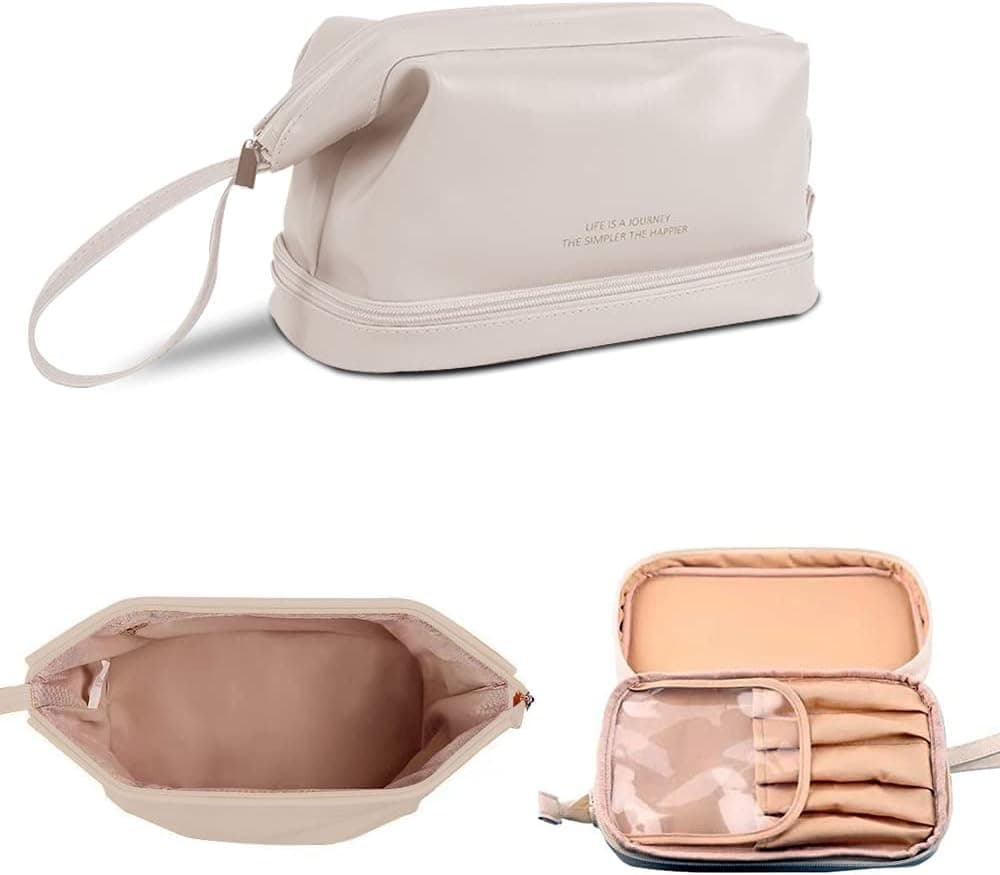 HoazHoald White Large Makeup Bag Double Layer Cosmetic Bag,Travel Makeup Bag Leather Makeup Bag Cosmetic Travel Bags,Portable Leather Toiletry Bag Roomy Cosmetic Bag for Women and Girls