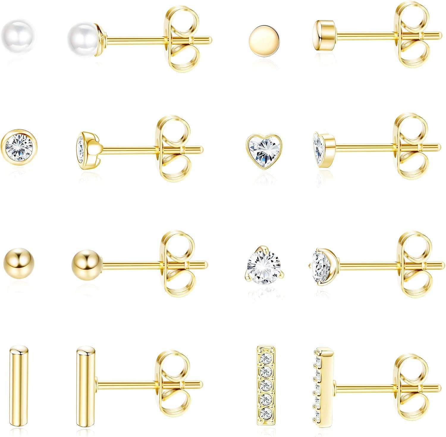 Adramata 8Pairs 925 Sterling Silver Stud Earrings for Women Cartilage Earring Set Cute Silver Earrings Gold Plated Tiny Circle Pearl Earrings Cubic Zirconia Earrings Studs