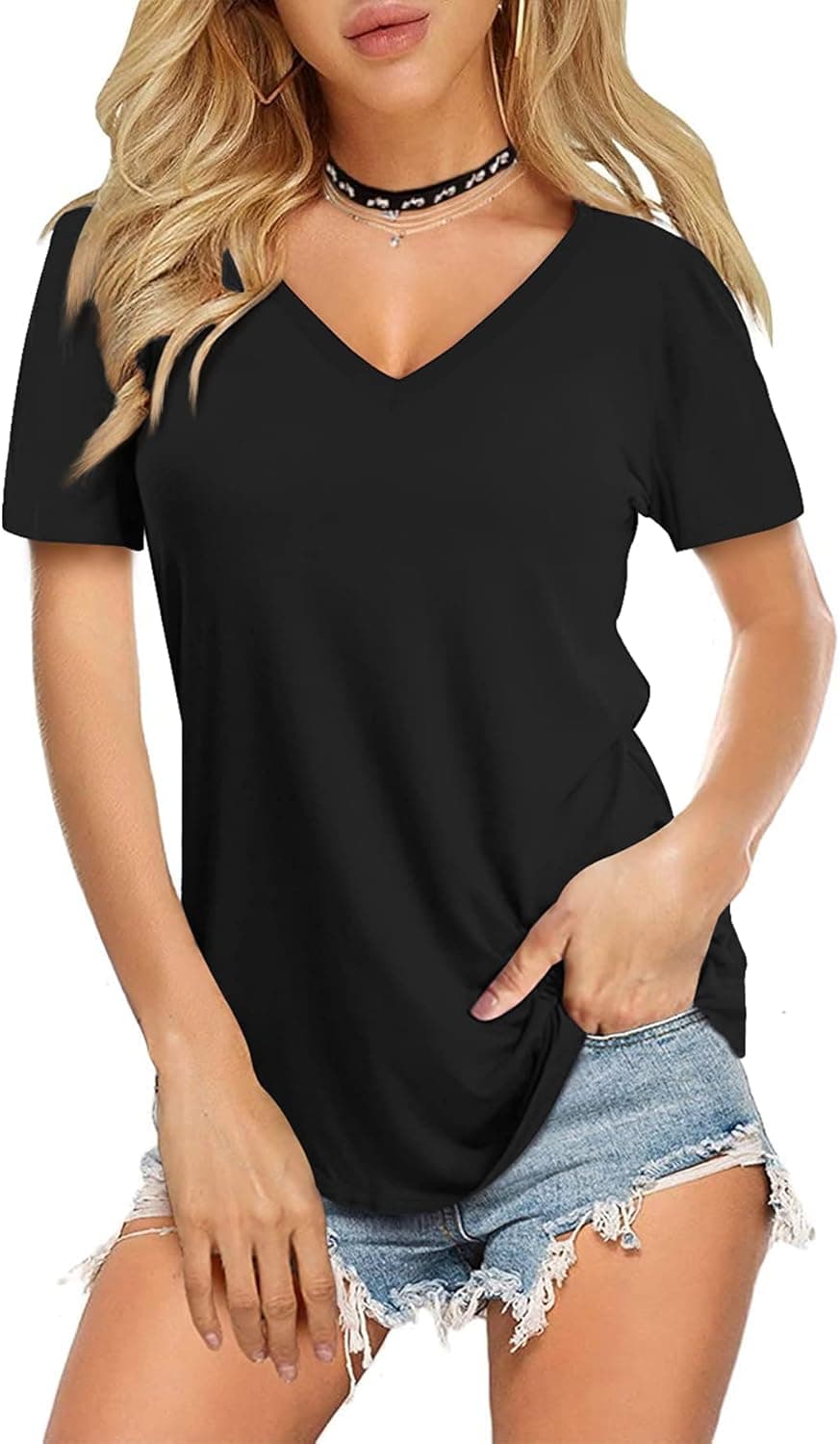 Amoretu Womens T Shirts V Neck Basic Tee