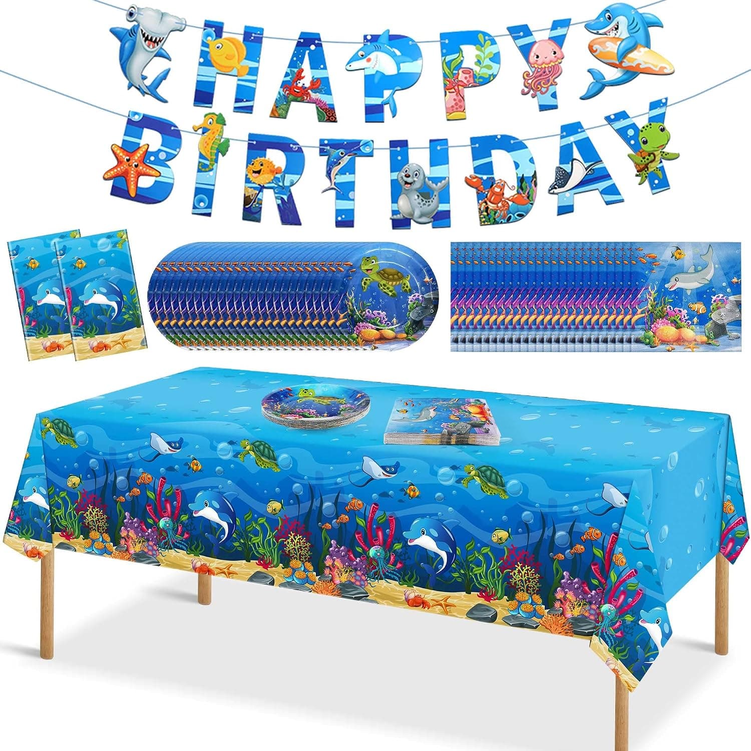 51 Pcs Under the Sea Party Decorations Birthday Party Supplies, Ocean Sea Life Dolphin Theme Tableware Includes 2 Tablecloths, 1 Banner, 24 Plates, 24 napkins-24 Guests