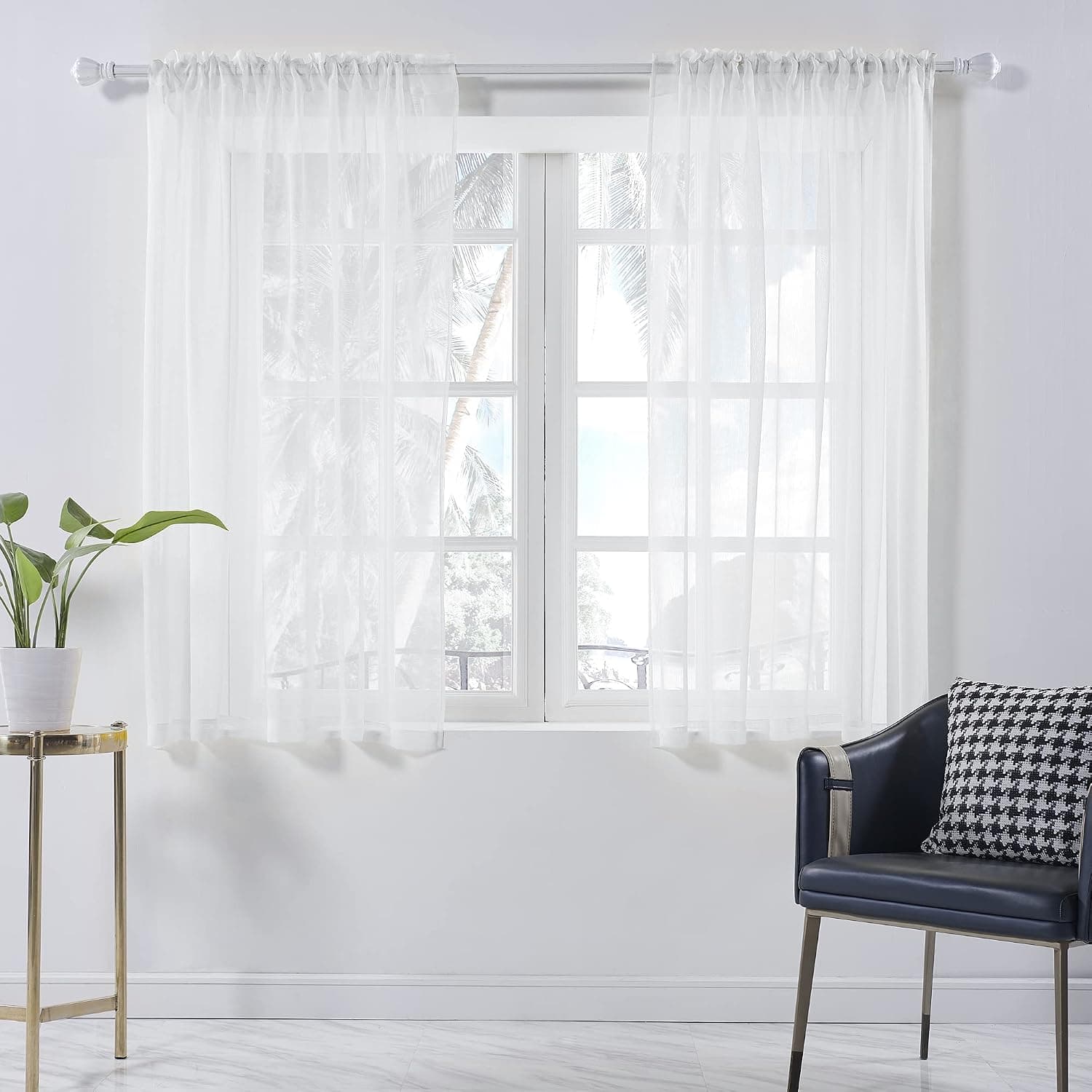 White Sheer Curtains 63 Inches Long for Kitchen Bathroom Rod Pocket Semi Sheer White Curtains Drapes for Bedroom Living Room Faux Linen Sheer Draperies Light Filttering Curtains 2 Pack 42Wx63L