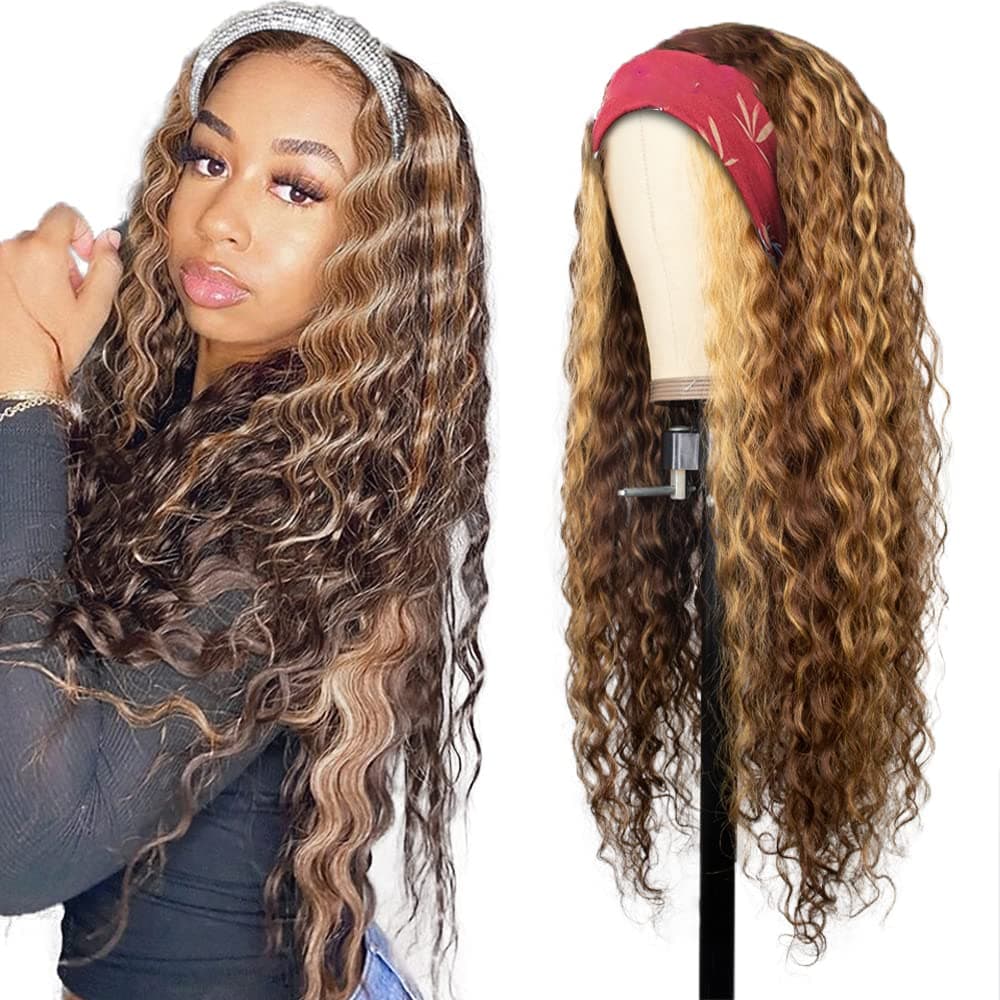 24 Inch Honey Blonde Headband Wigs Human Hair Highlight Deep Wave Headband Wig p4/27 Color Brazilian Remy Deep Wave Hair Glueless None Lace Deep Curly Wig for Women 150% Density