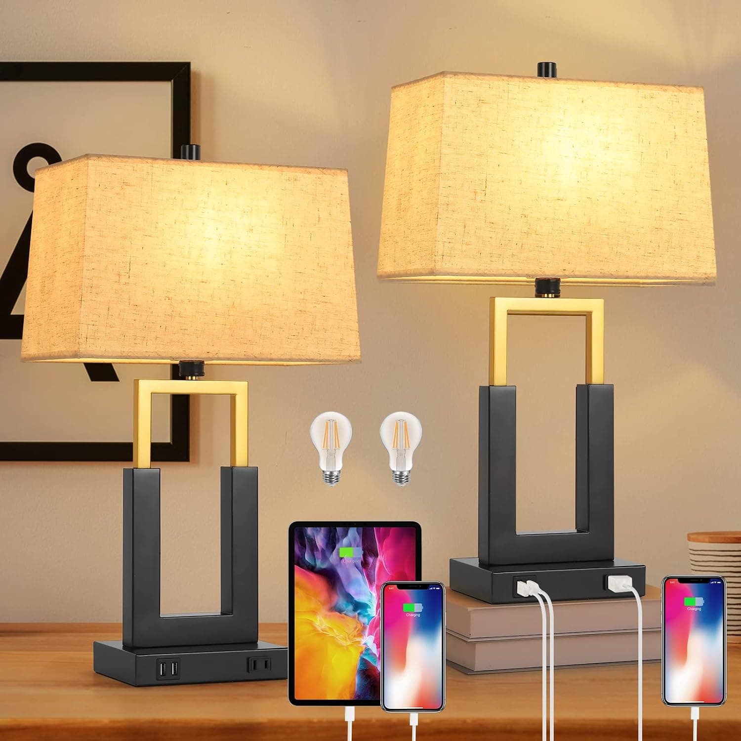 TRLIFE Table Lamps Set of 2, Touch Control Dimmable Bedside Lamps with Dual USB Charging Ports, 3-Way Dimmable Modern Nightstand Lamp Sets with Fabric Lampshade(Dimmable Bulbs Included)