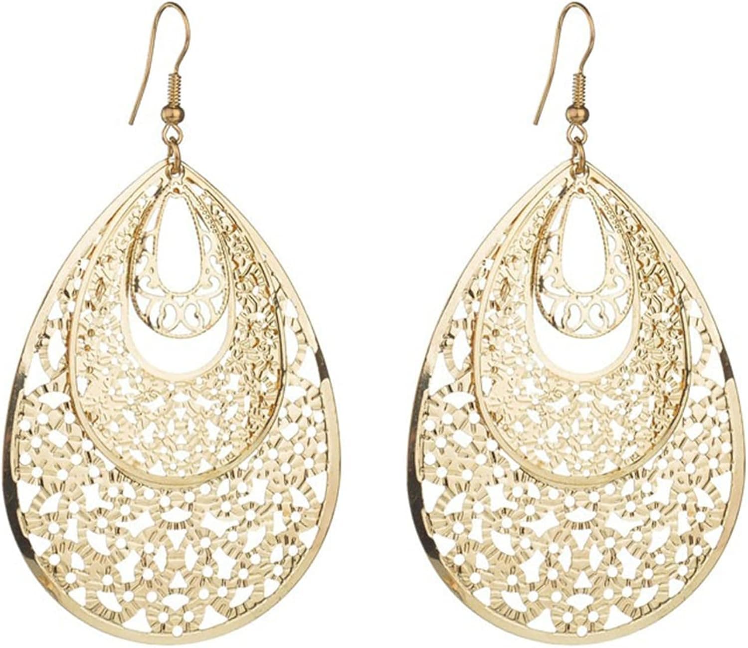 MALOYANVE Filigree Disc Drop Earrings for Women Girls Delicate Double Hollow Out Round Disc Statement Earrings Bohemian Metallic Disc Dangle Hook Earrings