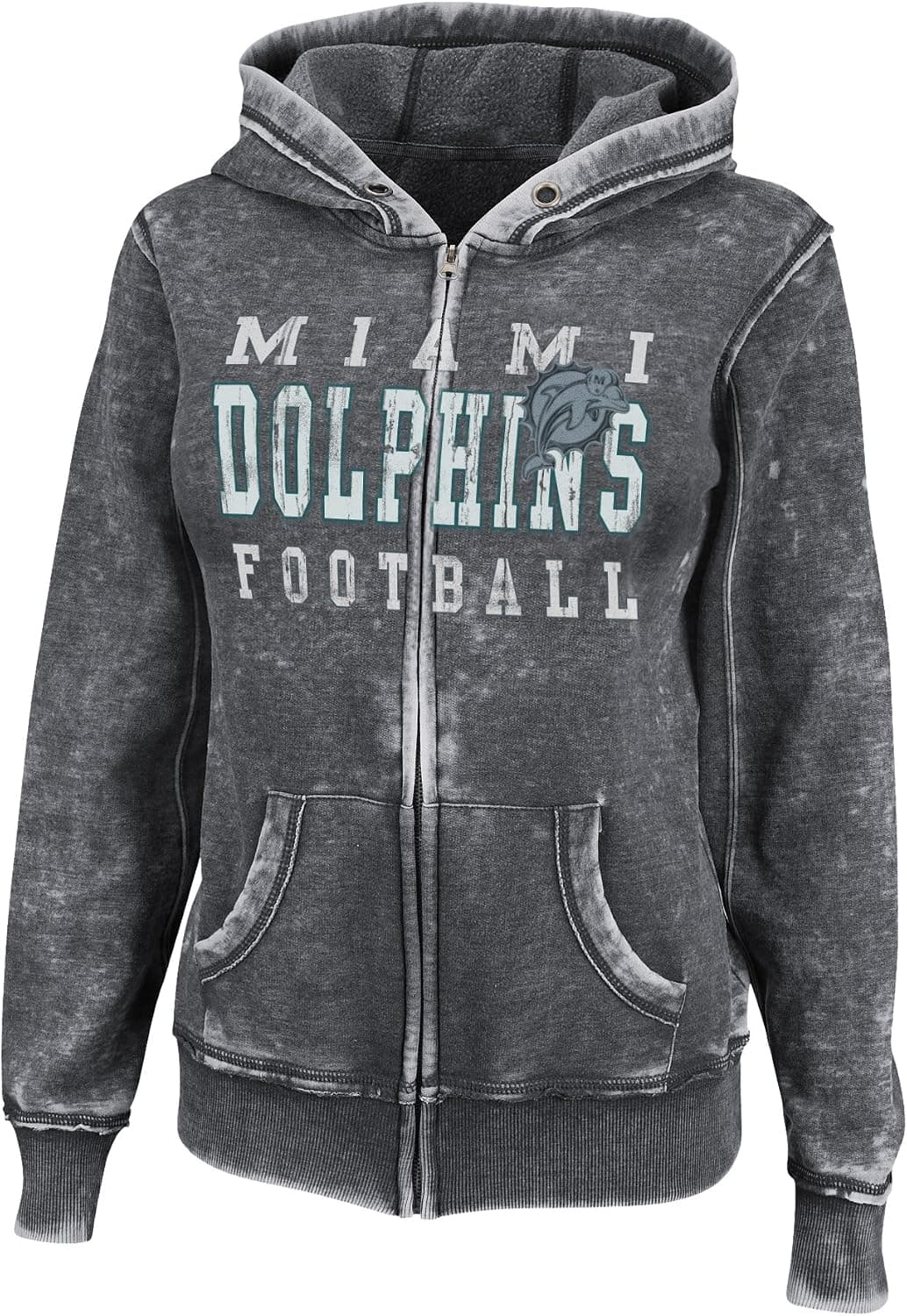 NFL Womens Miami Dolphins Sport Princess II Washed Charcoal Heather Long Sleeve Full Zip Hood Brnout Fleece