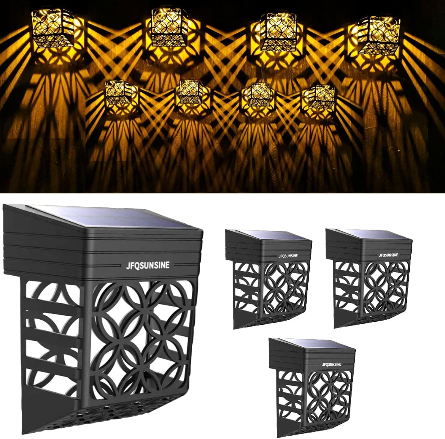 JFQSUNSINE Solar Fence Lights Outdoor, Solar Patio Lights Waterproof Wall Mount LED Decorative Lighting Auto On/Off Solar Deck Lights for Garden Yard Post Decor, 4 Pack