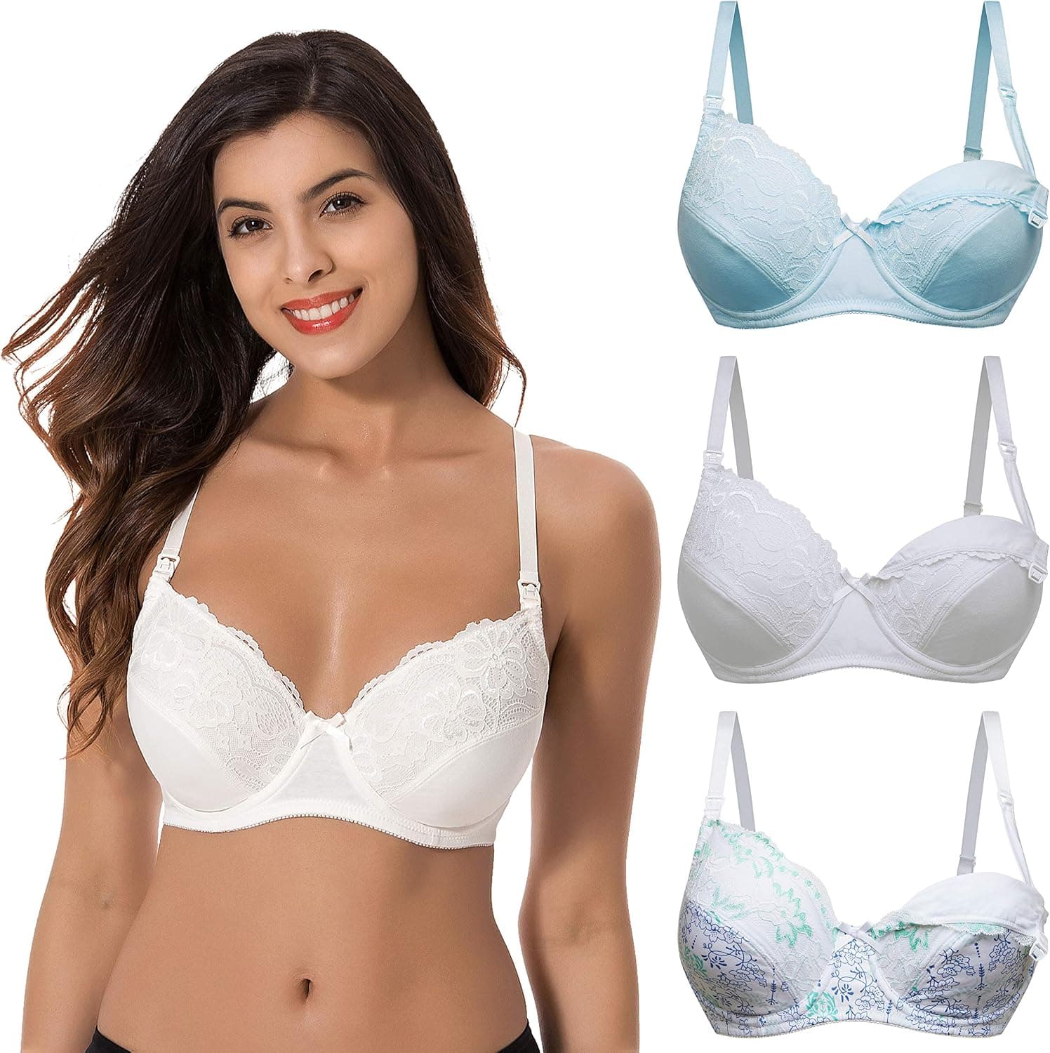 Curve Muse Plus Size Nursing Underwire Bra with Drop-Down Cups (Pack of 3)-White Print,Light Blue,CREAM-36D