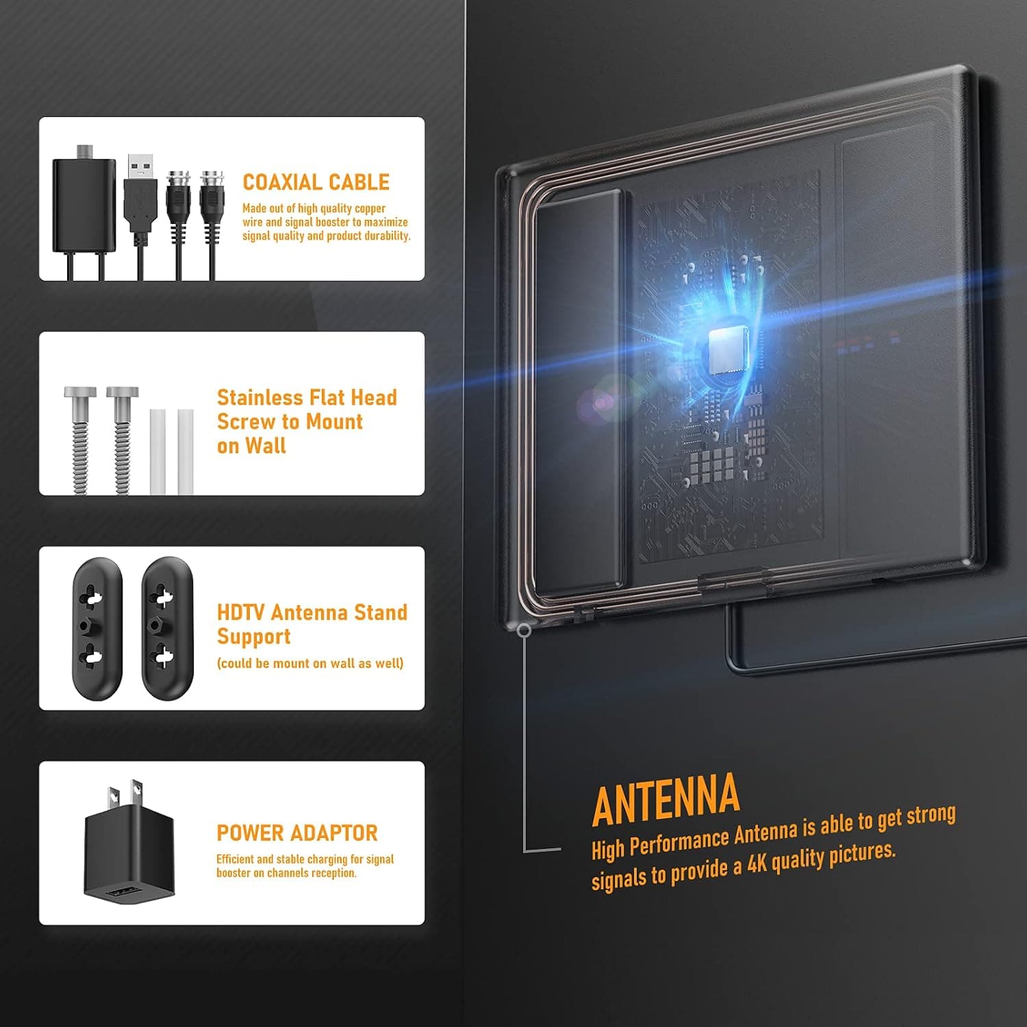 Gamital Amplified HD Digital TV Antenna - Long Range 300Miles Reception Support 4K/1080P Stand HDTV Antenna for Television with Detachable Amplifier Signal Booster and Coax Cable with AC Adapter