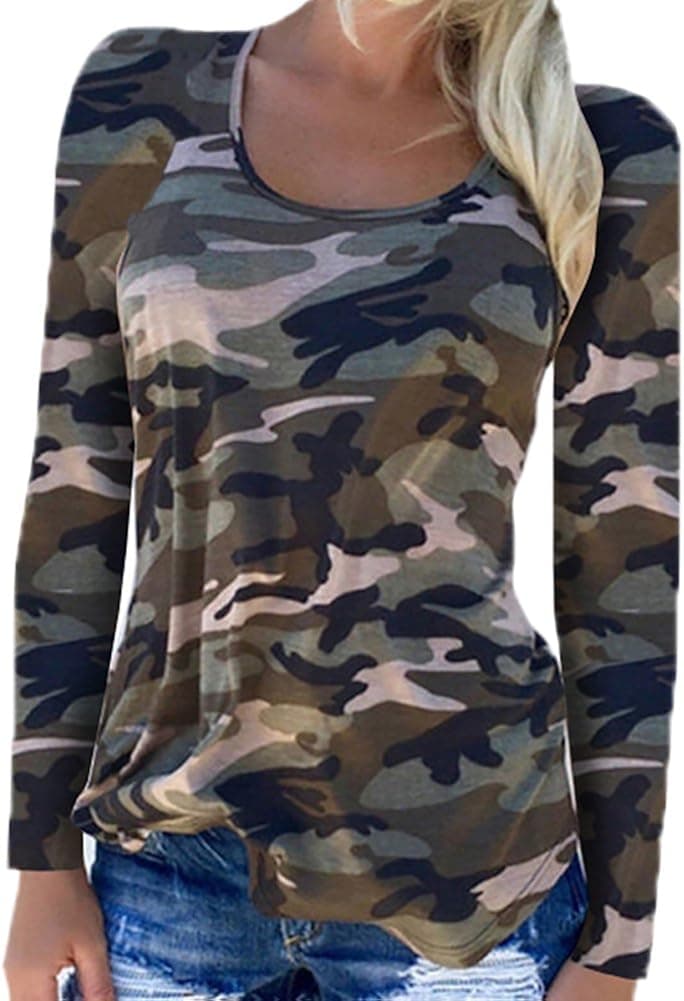 Rexury Women’s Camouflage Shirt Long Sleeve Crew Neck Casual Tee Shirt Camo Blouse Top