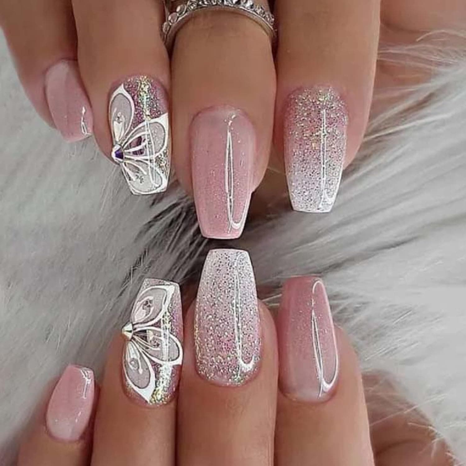 Glitter Butterfly Acrylic Nail Tips for Women, Square Medium Length Press on nail Daily Nail Art Manicure and Daily Outfit 24PCS fashion false nail (Glitter butterfly)