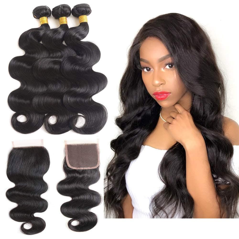 Brazilian Body Wave Weave Hair Human Bundles with Lace Closure and Virgin Body Wavy Human Hair 3 Bundles with 4"x4" Free Part Lace Closure Natural Color Hair Extension (12 12 12+10 Inch)