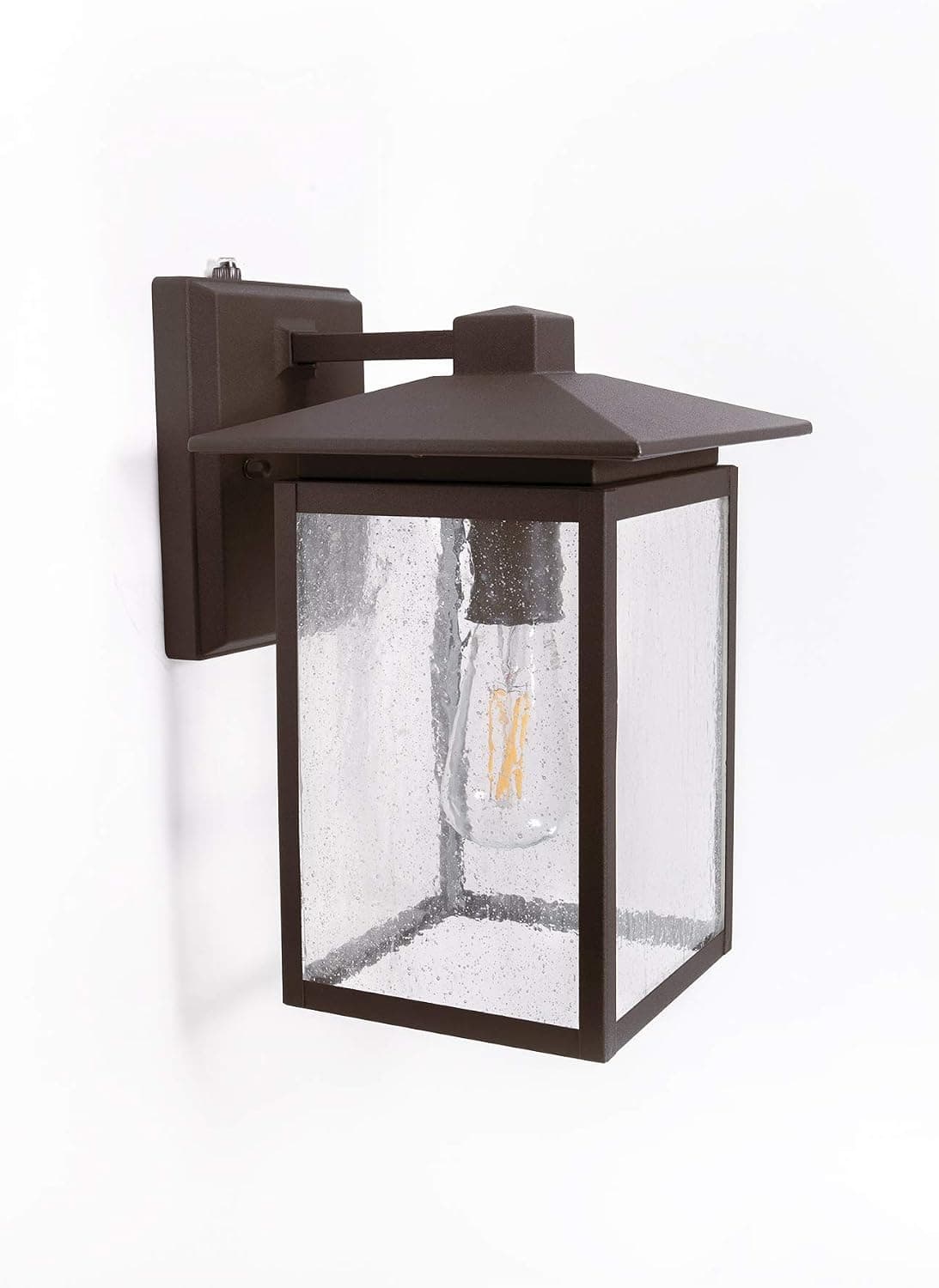 CORAMDEO Dusk to Dawn Outdoor Square Wall Lantern: Automatic Light Sensor, On at Dark/Off at Dawn, Exterior Light Fixtures, Rustic Bronze & Seeded Glass, Porch Light, Outdoor Wall Lantern