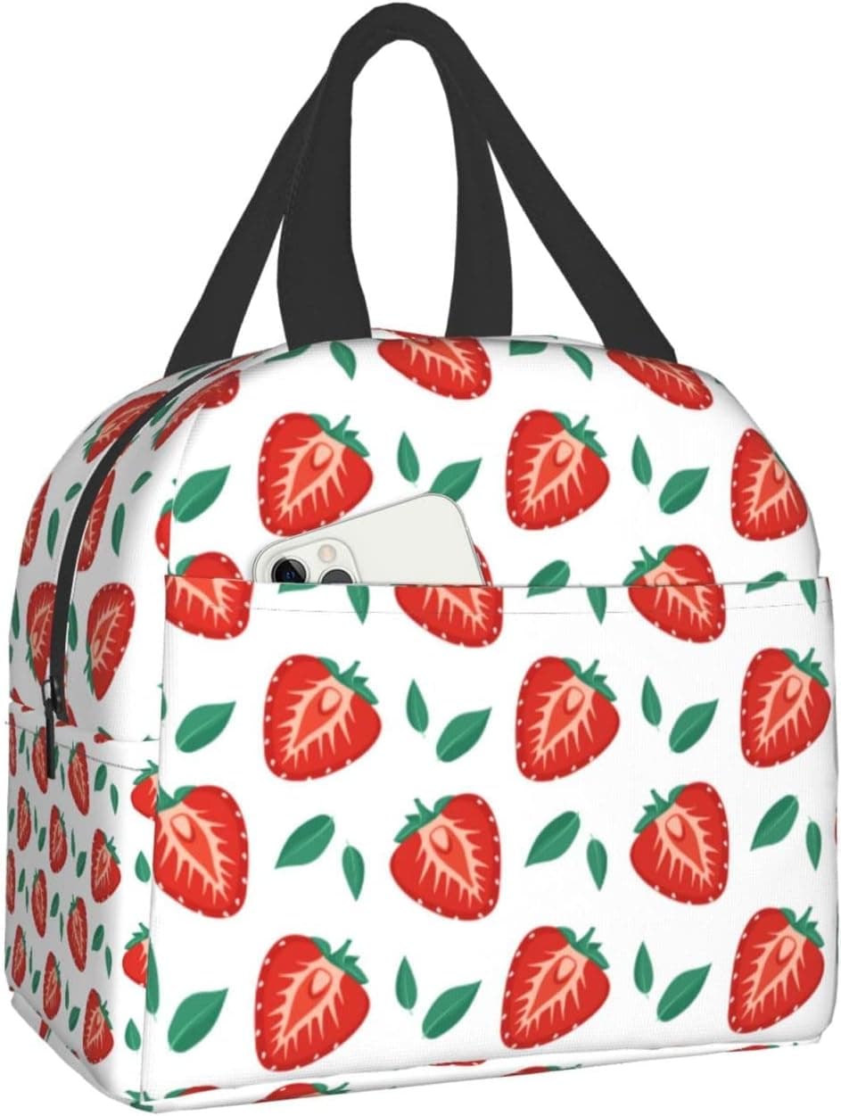 Senheol Cute Summer Strawberries Print Lunch Box, Kawaii Small Insulation Lunch Bag, Reusable Food Bag Lunch Containers Bags for Women Men