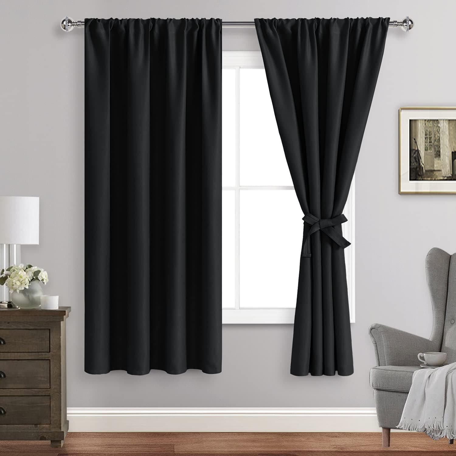 JIUZHEN Blackout Curtains for Bedroom - Thermal Insulated Room Darkening Rod Pocket Curtains for Living Room, Set of 2 Panels with Tiebacks, 42 x 63 Inch Length, Black