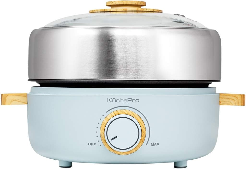 Kuchepro Non-stick Electric Grill & Hot Pot Mini, 2-in-1 Multi-function cooking pot, 2.5L, Removable 304 Stainless Steel, White, Fried, Stir-fried, Stewed, Braised cooking use (Blue)