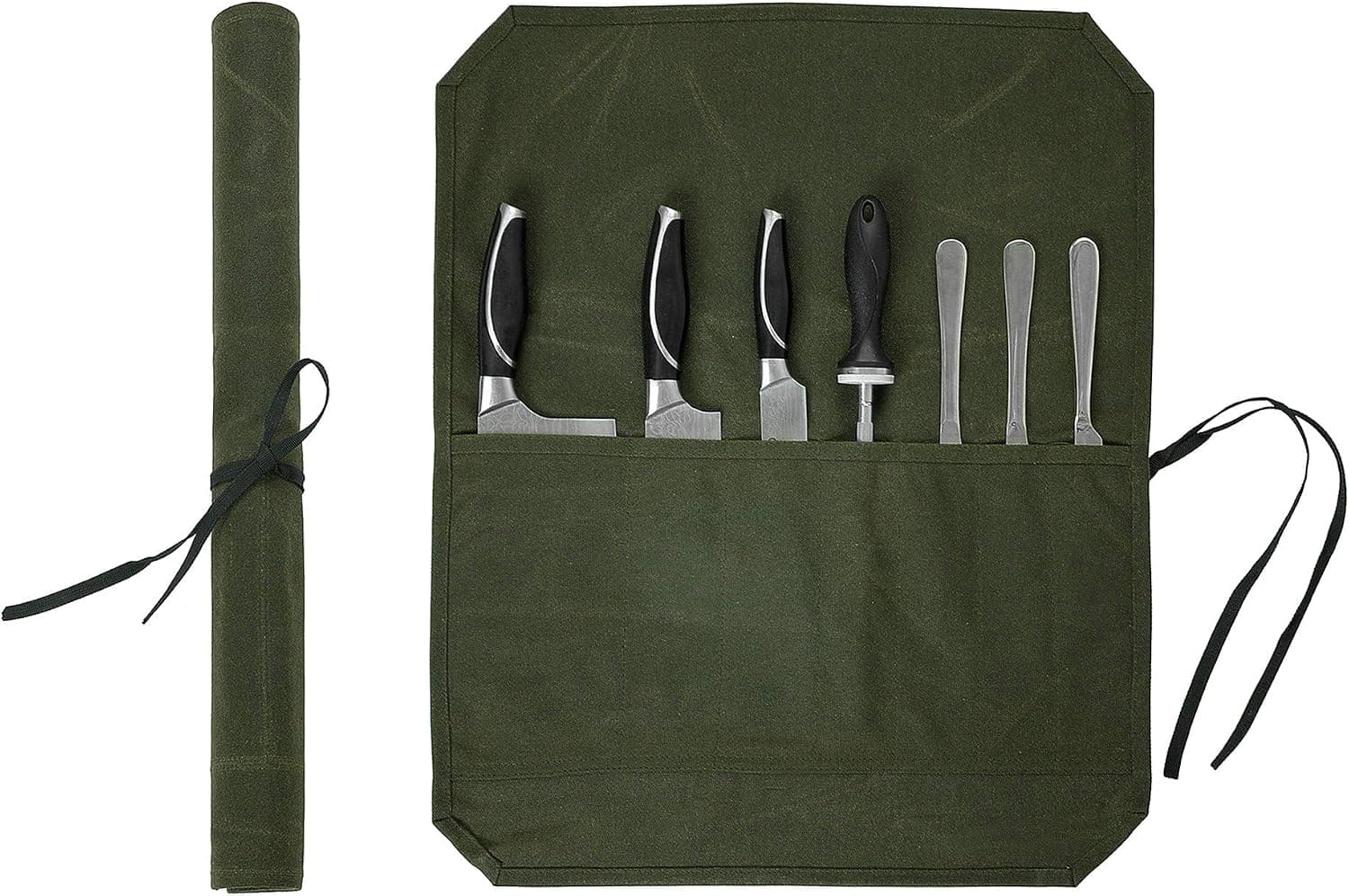 Heavy Duty Waxed Canvas Knife Roll Bag, Portable Chef Knife bag, Waterproof And Durable (Army Green)