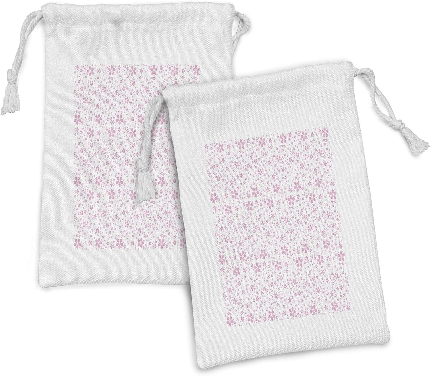 Ambesonne Cherry Blossom Fabric Pouch Set of 2, Pink Flowers on White Background Girls Simple Design, Small Drawstring Bag for Toiletries Masks and Favors, 9" x 6", Pale Pink White