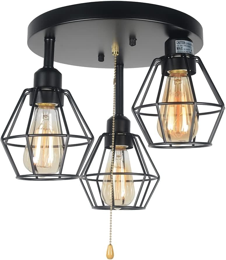 Baiwaiz Industrial Pull Chain Ceiling Light Fixture, Black Metal Cage Semi Flush Mount Lighting with Pull String Modern Steampunk Entryway Kitchen Light 3 Lights Edison E26 BW17154