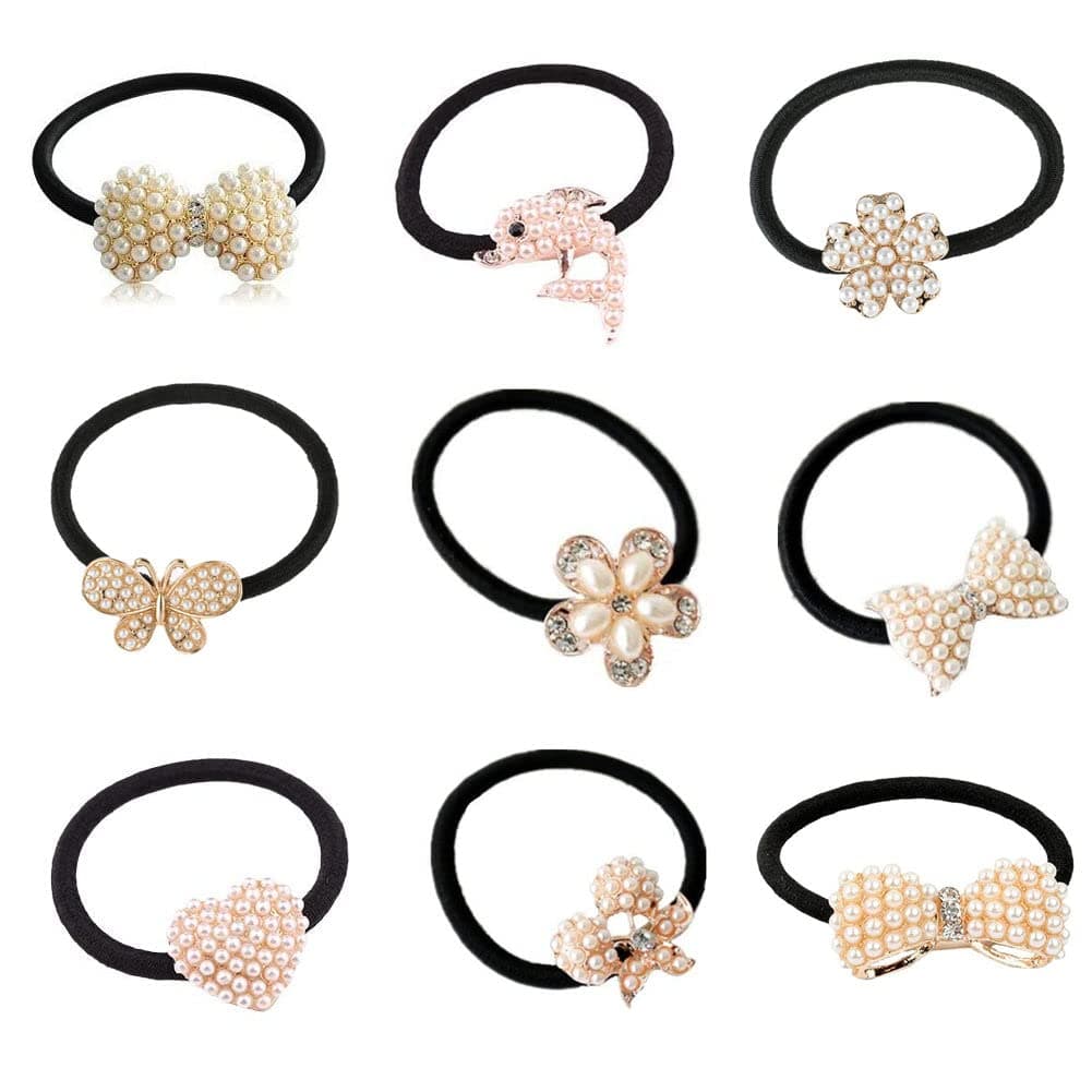 Lovef 9 Pcs Beautiful Full Pearl with Crystal Rhinstone Flower Bow Fish Butterfly Design for Baby Kids Girl Women Hair Accessories Elastic Tie Ponytail Holders Princess Baby Hair Rope Rubber Bands