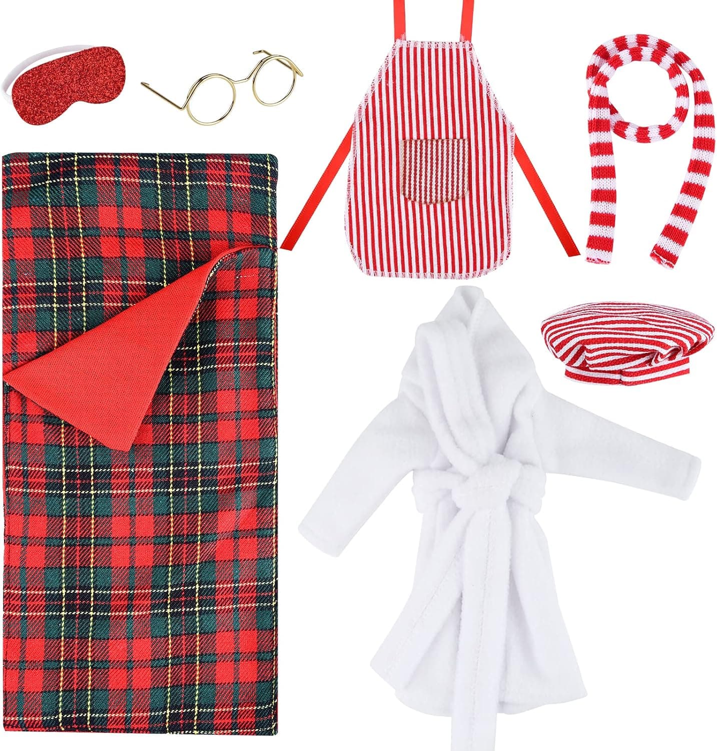 TUPARKA 7 Pieces Sleeping Bag Christmas Accessory for Elf Doll, Including Christmas Doll Sleeping Bag, Bathrobe, Apron and Chef Cap, Christmas Elf Doll Sleeping Bag Set for Elf Doll Clothes Kit (Red)
