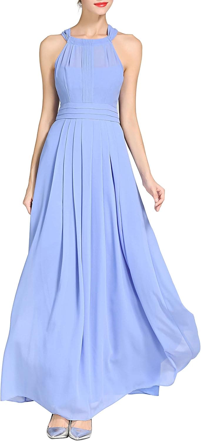 Little Smily Women's A-line Halter Top Chiffon Pleated Maxi Bridesmaid Dress