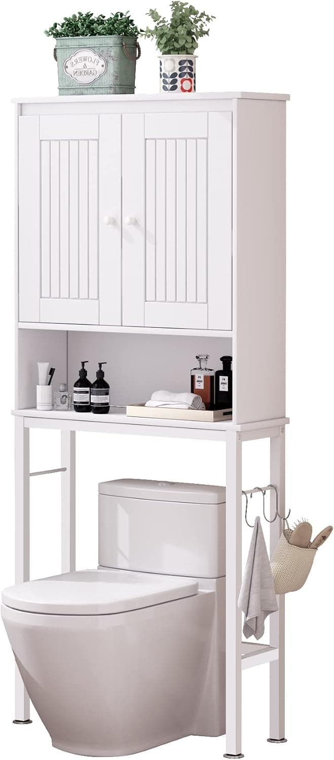 DMIDYLL Over The Toilet Storage Cabinet with Double Doors and Adjustable Shelves, Bathroom Storage Cabinet Over The Toilet, Toilet Organizer, White Wood