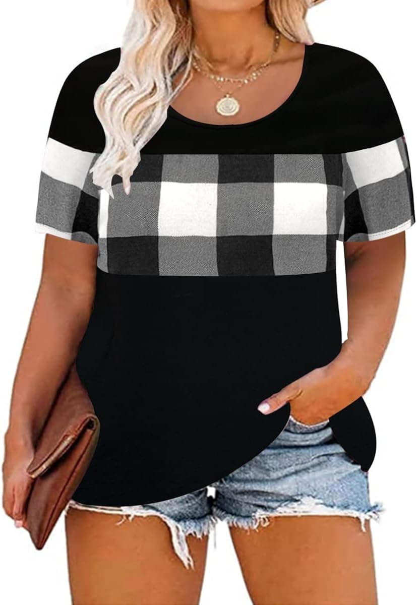 CARCOS Plus Size Tops for Women Short Sleeve Summer Tshirt Camo/Floral/Leopard Pullover Blouse XL-5XL