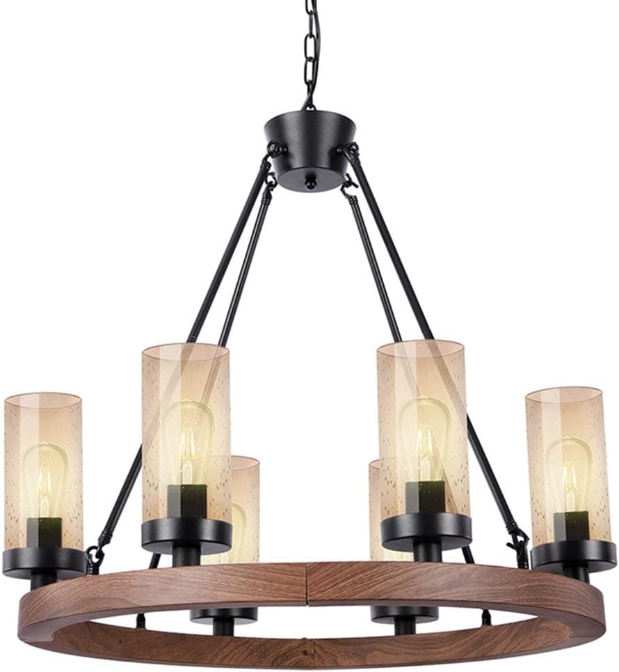 Wellmet Farmhouse Chandeliers for Dining Room 8-Light 30 inch, Rustic Wagon Wheel Chandelier with Seeded Glass Shade, Vintage Round Wood-Painted Hanging Lighting