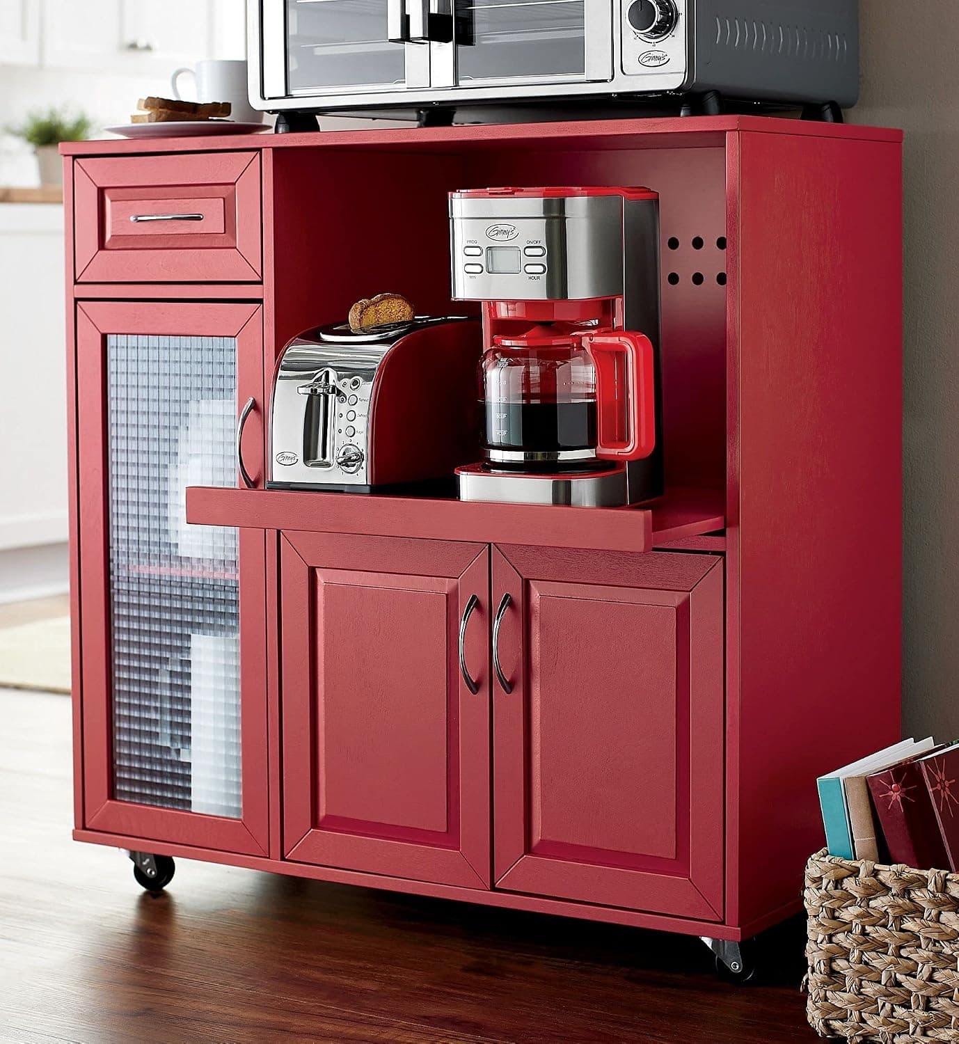 PHI VILLA Microwave Cart on Wheels Kitchen Cabinet Movable Kitchen Island Cart with Extendable Shelves Towel Rack and Drawers Storage Cabinet Burgundy