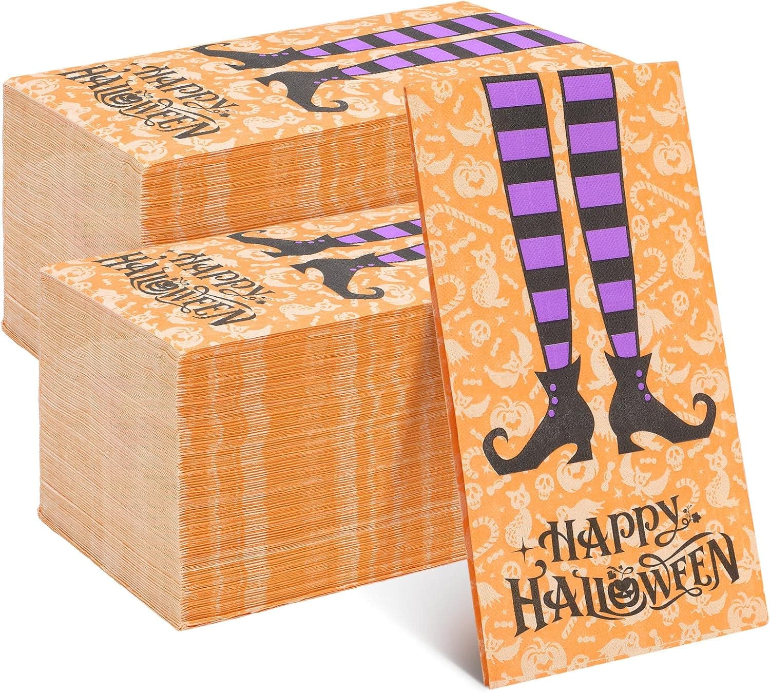 Hotop 200 Pcs Happy Halloween Guest Napkins, Disposable 3 Ply Dinner Hand Towel Napkin, Decorative Paper Witch Leg Boot Striped Sock Bathroom Napkins for Party Haunted Party, Orange