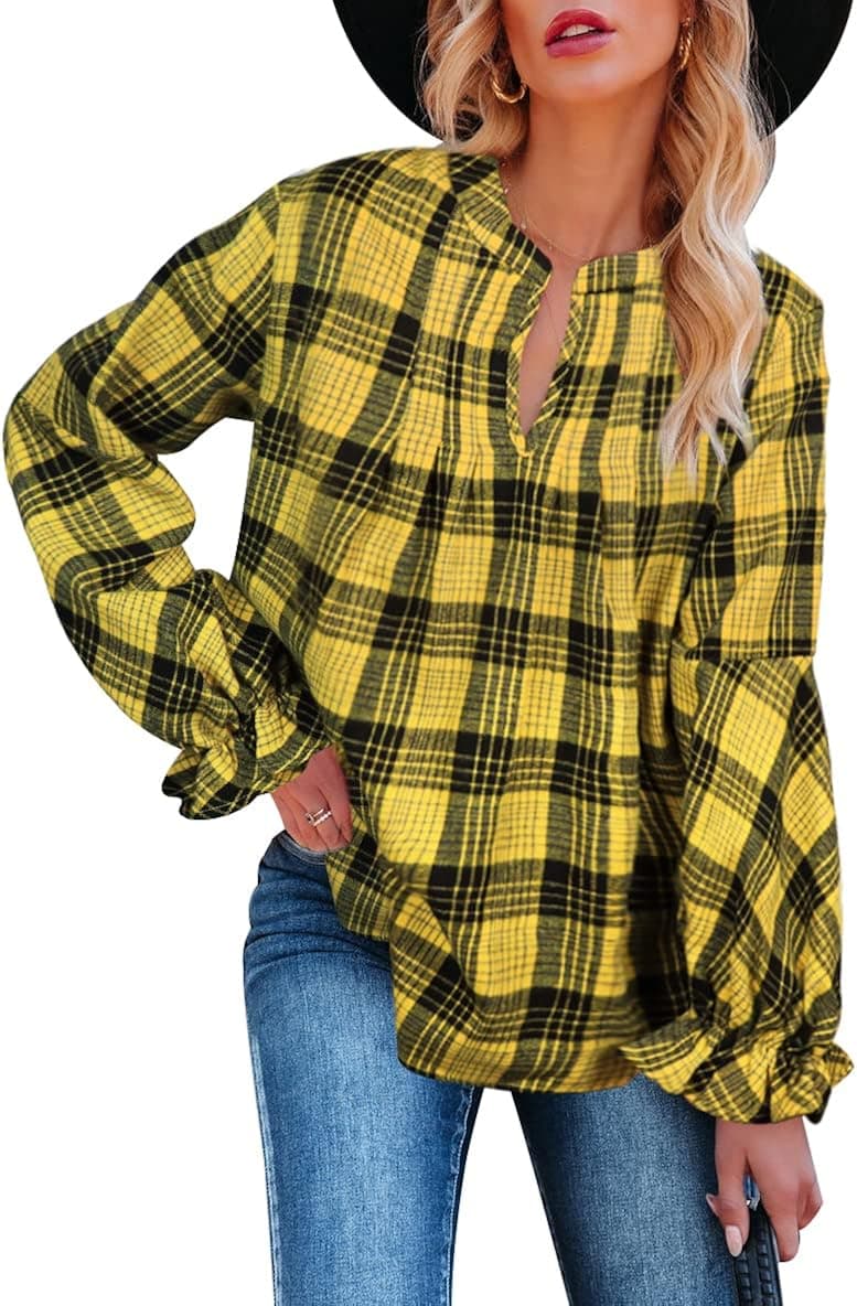 FANCYINN Women's Casual Flannel Plaid Pleated Front Tunic Tops Split Neck Long Lantern Sleeves Loose Pullover Shirts