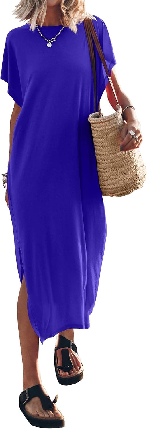 ANRABESS Women's Summer T-Shirt Maxi Dress Batwing Sleeve Crewneck Casual Loose Slit Side Long Beach Dresses