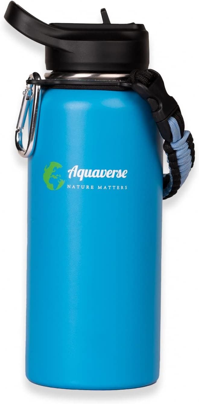 AQUAVERSE Blue 32 oz Double Wall Vacuum Insulated Wide Mouth Straw Lid Stainless Steel Water Bottle- Reusable BPA free Straw and unique Handle Design
