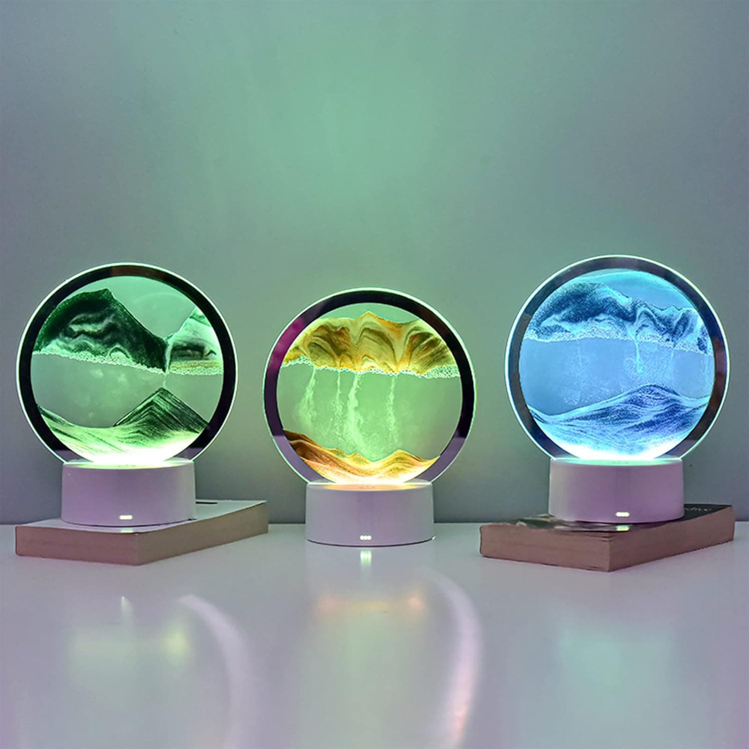 Qiopertar 3D Moving Sand Art, 7.87in 360° Rotating Hourglass Decoration, Creative Art Sand Art Liquid Motion Bedroom Table Living Room Lamp Decoration（15ml） (Green)