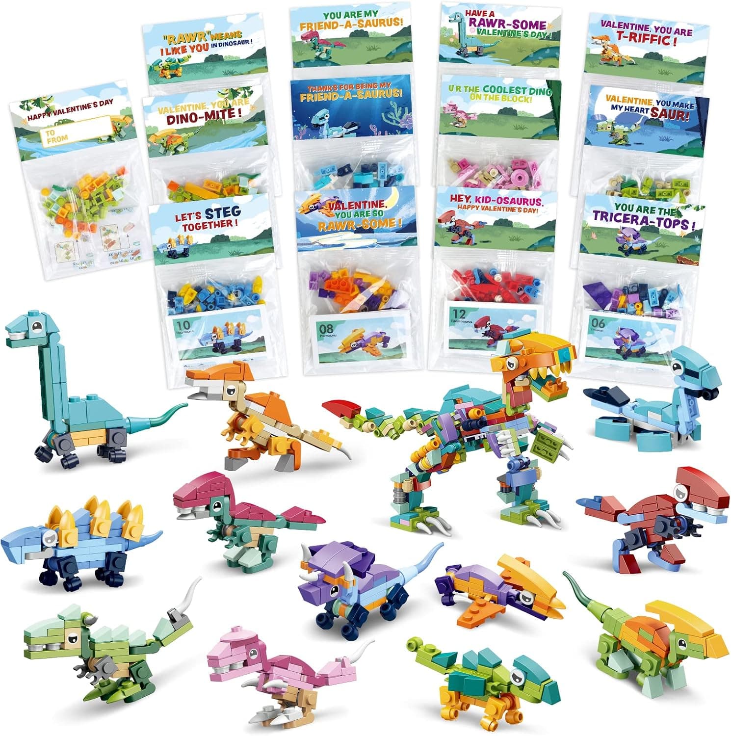 24 Packs Valentines Day Cards for Kids with Dinosaur Building Blocks for School Classroom Valentine's Gifts Exchange, Valentine's Party Favors for Kids, Valentine's Gift Cards Bulk, Valentine's Prizes