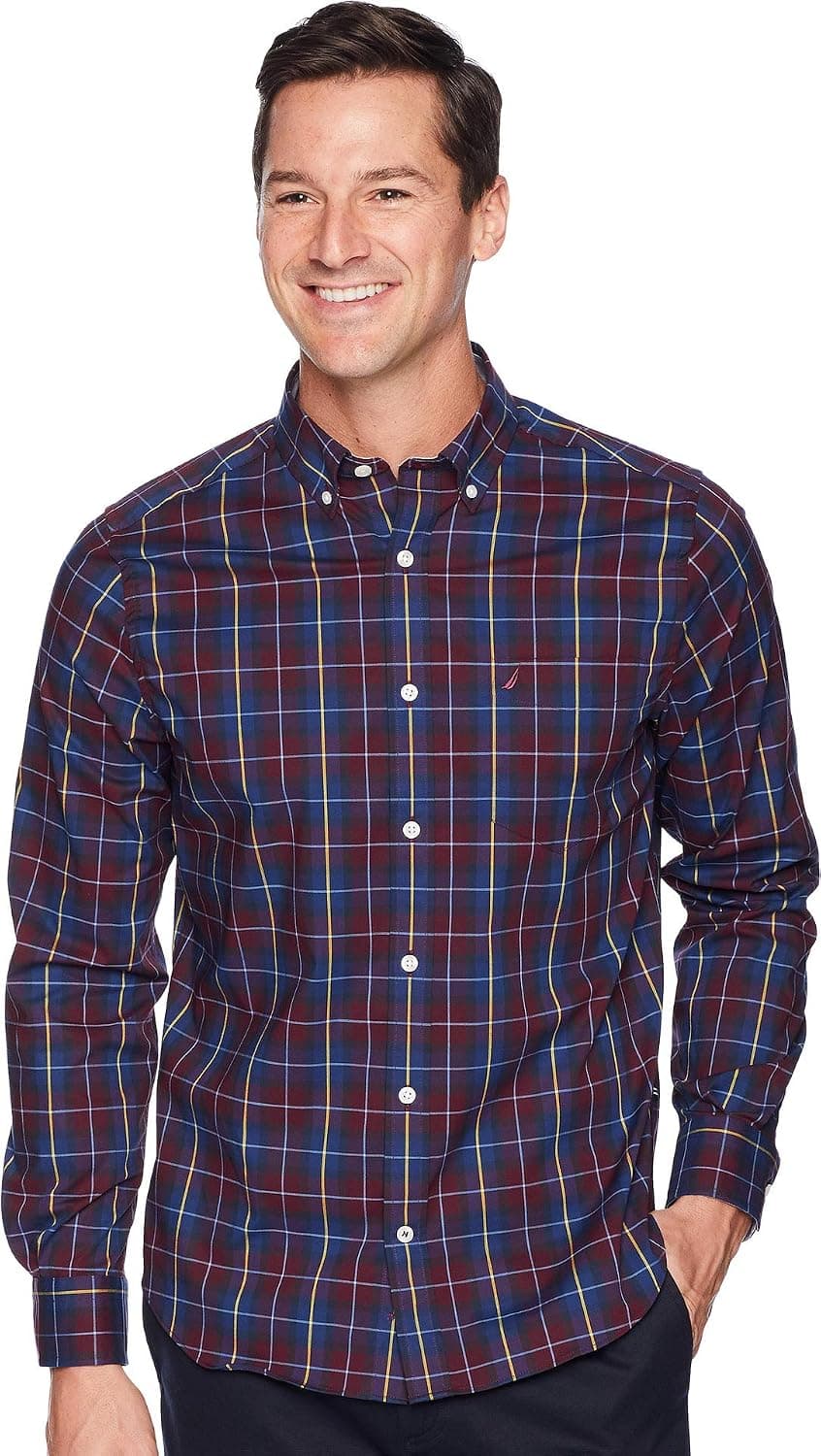 Nautica Men's Ls Wrinkle Resistant Stretch Poplin Plaid Button Down Shirt