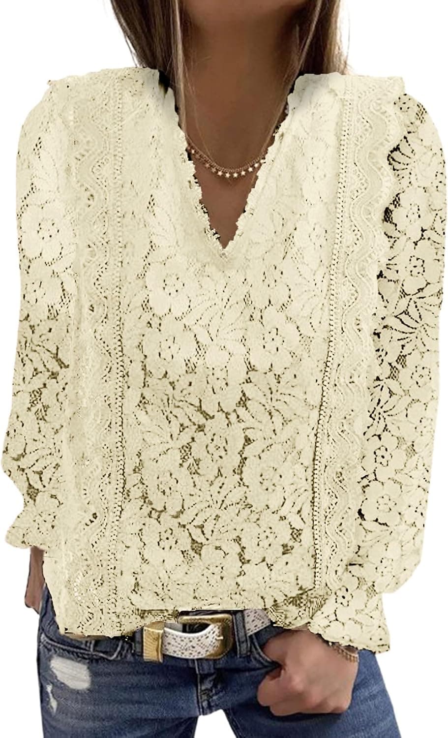 SHEWIN Women's V Neck Lace Crochet Boho Tops Flowy Casual Blouses Shirts