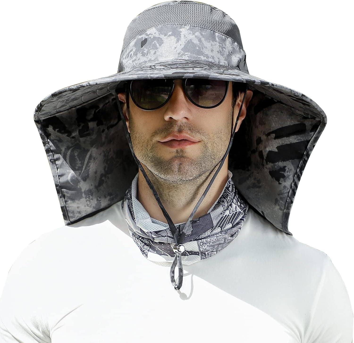 Wide Brim Sun Hat with Neck Flap for Men Women UPF 50+Waterproof Fishing Hiking Safari Hat Cap with UV Protection