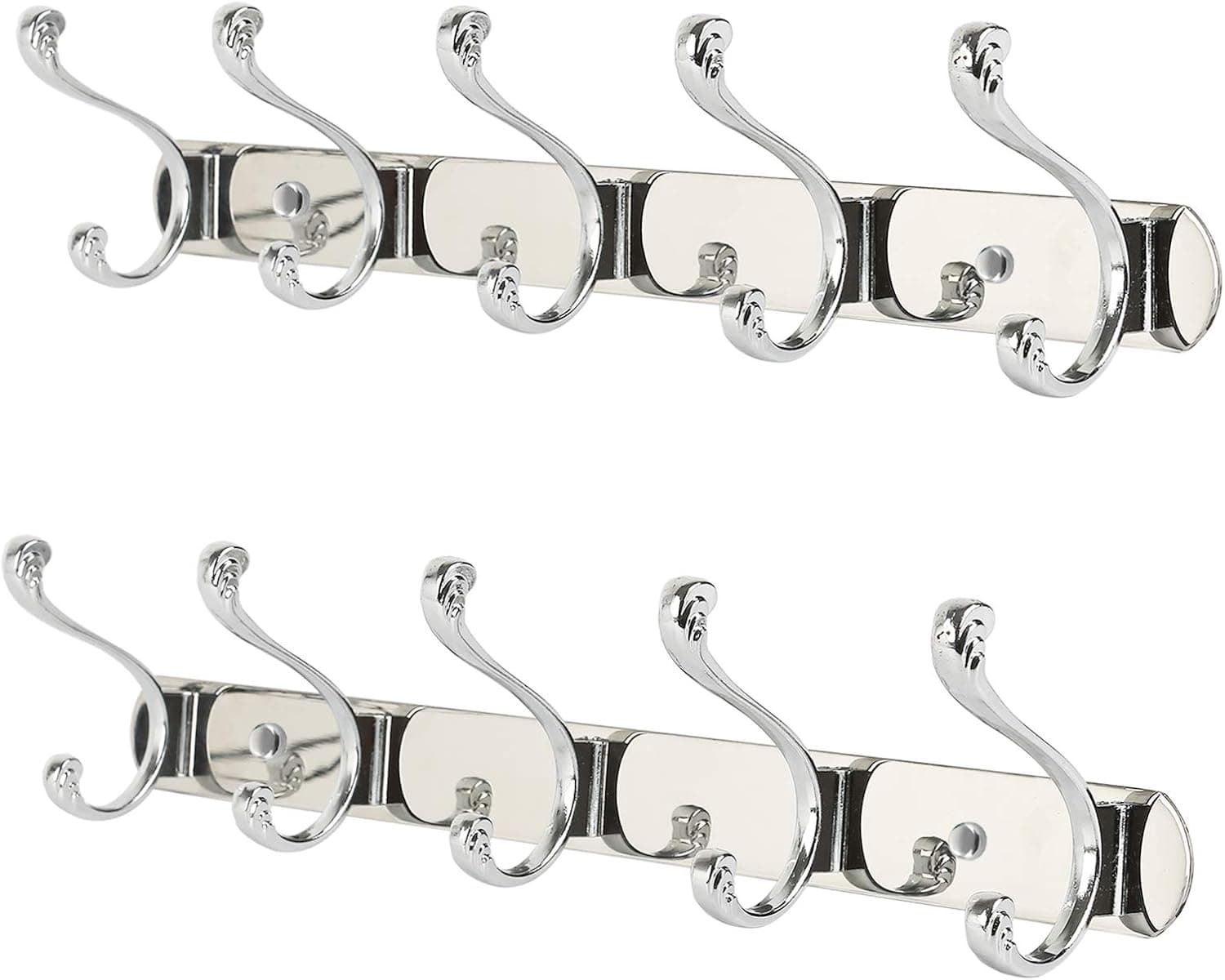 PHINGEER Coat Rack Wall Mount, Heavy Duty Stainless Steel with 5 Hooks, Metal Decorative Hook Rail Tiger Claw Hook for Hanging Coats, Hat, Robes, Umbrella (Silver, 2 Pack)