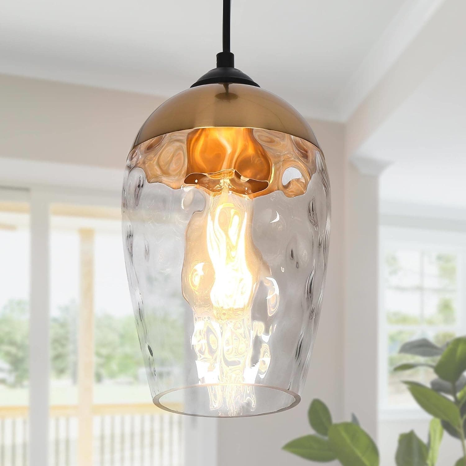 ZEVNI Pendant Light Fixtures, 1-Light Modern Kitchen Island Pendant Light, Hammered Glass Lighting for Living, Bedroom, Dining Room, 6" Dia, Gold Pendant Light