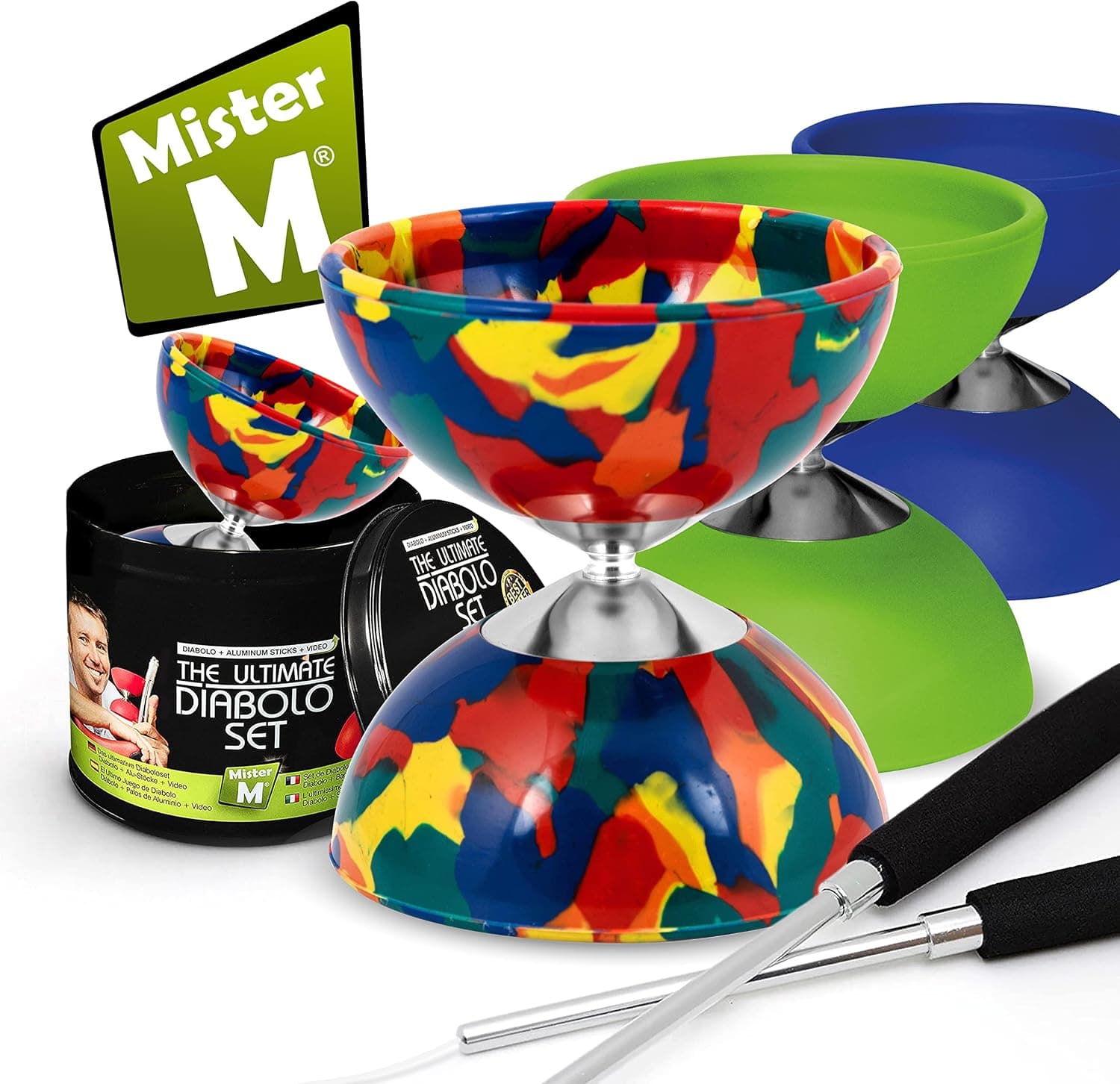 Mister M | The Ultimate diabolo Juggling Set | Suitable for Beginners and Professionals| diabolo Aluminum Sticks and Spare String | Included. Online Video to Learn Juggling